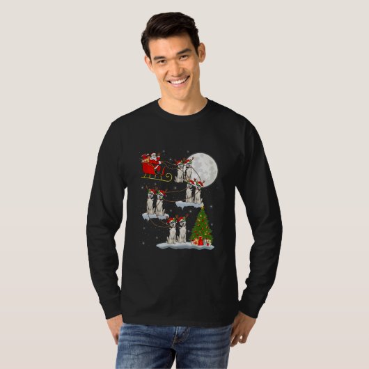 Funny Xmas Lighting Tree Santa Riding Husky Dog T-shirt (Voorkant volledig)