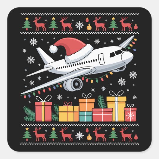 Funny Xmas Lighting Tree Santa Ugly Airplane  Vierkante Sticker (Voorkant)