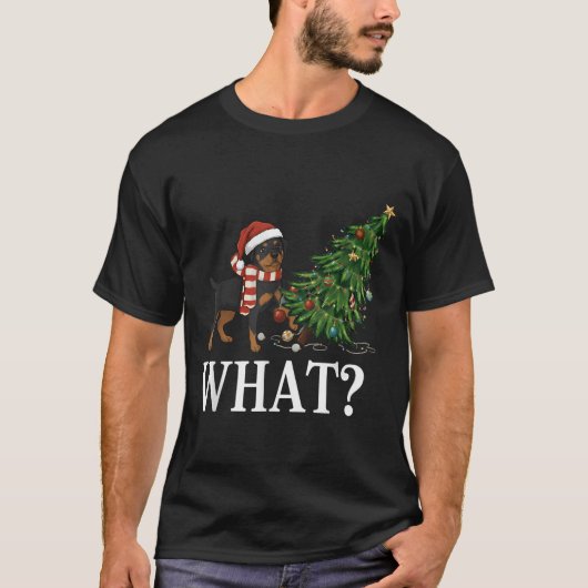Funny Xmas Rottweiler Pushing Christmas Tree Over T-shirt (Voorkant)