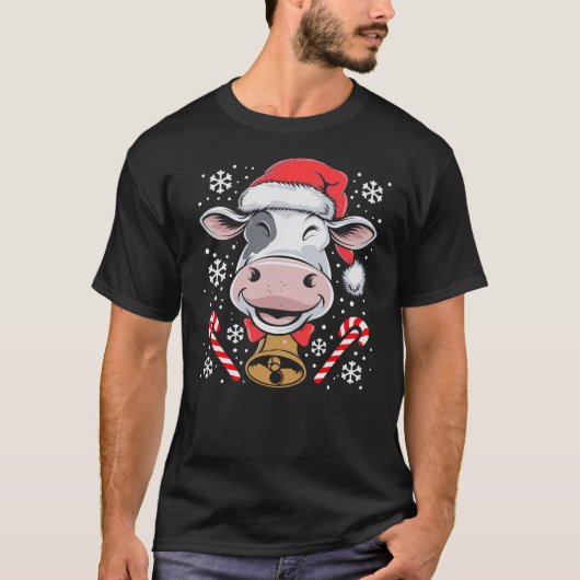 Funny Xmas Santa Hat Cow Christmas Lights T-shirt (Voorkant)