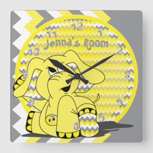 Funny Yellow Chevron Gekke Elephant Vierkante Klok
