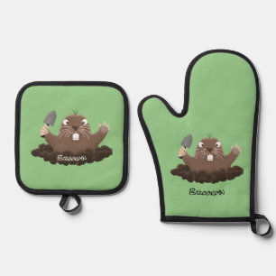 Funny zakgopher digging cartoon illustratie ovenwant & pannenlap set