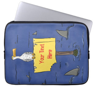 Funny zee vogel omringd door cartoon van haaien laptop sleeve