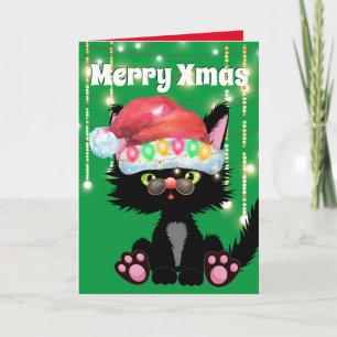 Funny zwarte kat Santa hat-boom licht humor aan Kaart