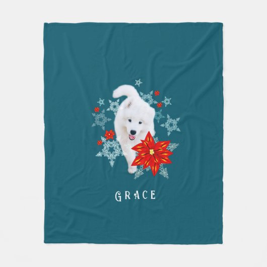 Furry Christmas Dog Samoyed gepersonaliseerd Fleece Deken (Voorkant)