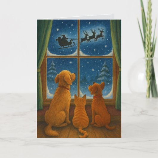 Furry Friends Looking at Santa Custom Christmas Kaart (Voorkant)