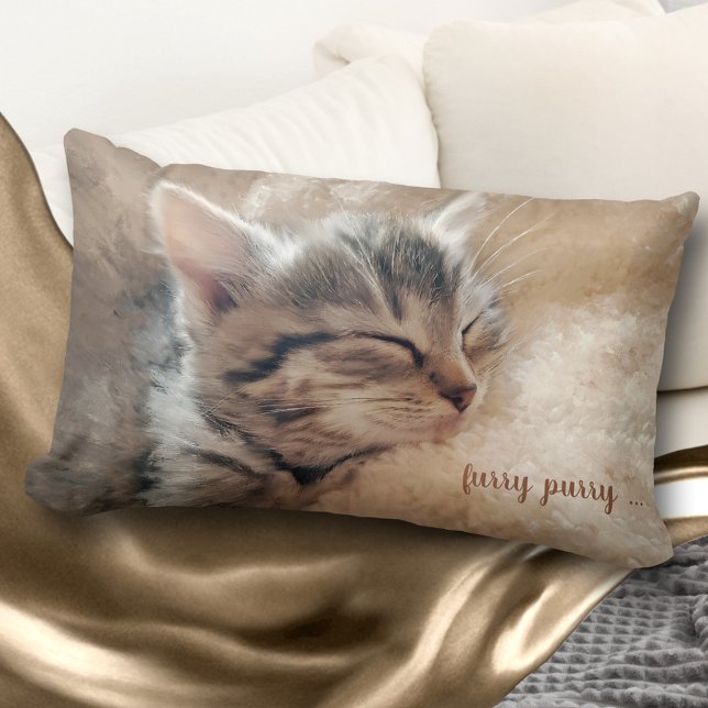 Furry Purry Kat Fine Art Pillow Kussen (Personalized pillow featuring a painted cute kitty sleeping on fluffy background)