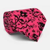 Fuschia Black Floral Pattern Stropdas (Opgerold)