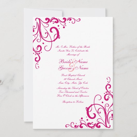 Fuschia en White Flourish Wedding Invitation Kaart (Voorkant)