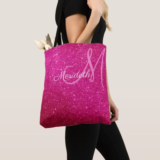 Fuschia Hot Pink Glitter en Sparkles Monogrammen Draagtas (Dichtbij)