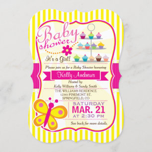 Fuschia Pink and Yellow Butterfly Girl Baby shower Kaart