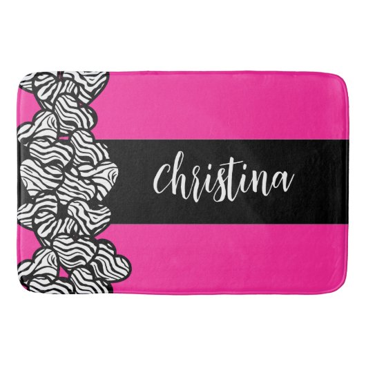 Fuschia roze zwarte witte zebra patroon hartnaam badmat (Voorkant)