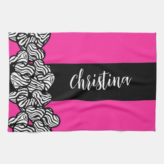 Fuschia roze zwarte witte zebra patroon hartnaam theedoek (Horizontaal)