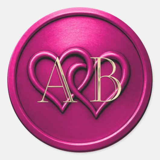 Fuschia Two Hearts Intertwined Monogram Wedding Ronde Sticker (Voorkant)