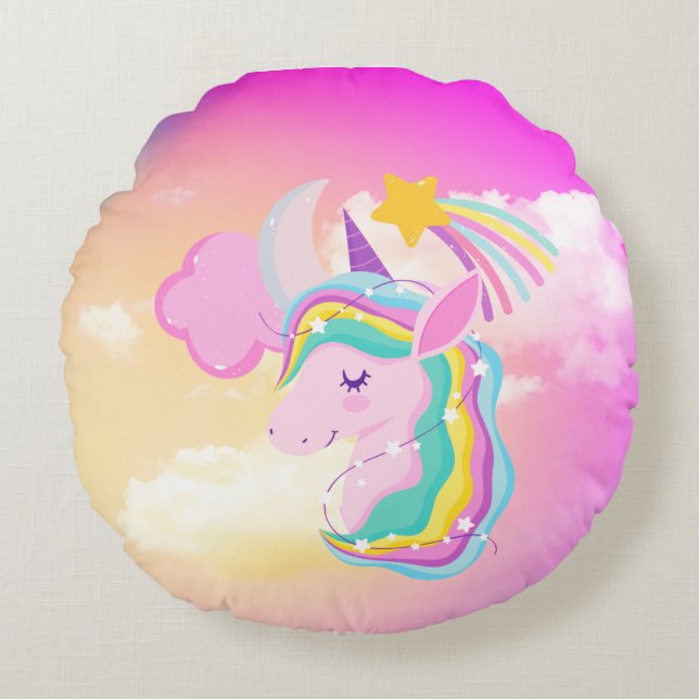 Fushcia Unicorn Rainbow-Sierkussen Rond Kussen (Voorkant)