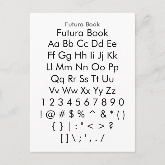 Futura Book - Zazzle Font Sampler Sheet Briefkaart (Voorkant)