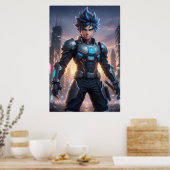 Futuristic Anime Hero – Cyberpunk Warrior Poster (Cuisine)