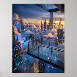Futuristic City Sunset Wall Art Poster