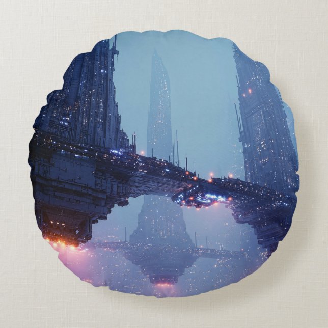 Futuristic Cityscape with Hovering Structures Rond Kussen (Voorkant)