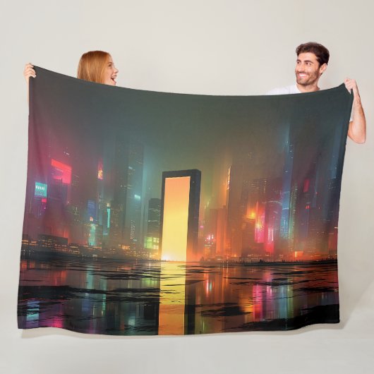 Futuristic Cityscape with Neon Reflections Fleece Deken (In situ)