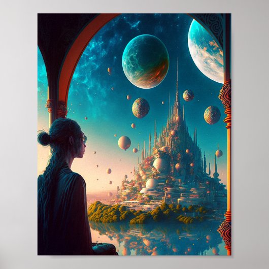 Futuristic Fantasy Castle Landscape Poster (Voorkant)