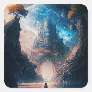 Futuristic Fantasy Castle Landscape Square Sticker
