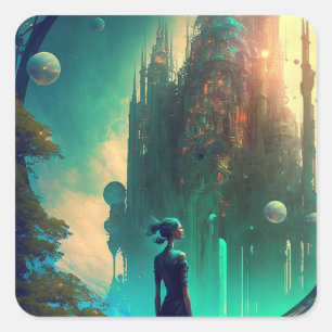 Futuristic Fantasy Castle Landscape Vierkante Sticker