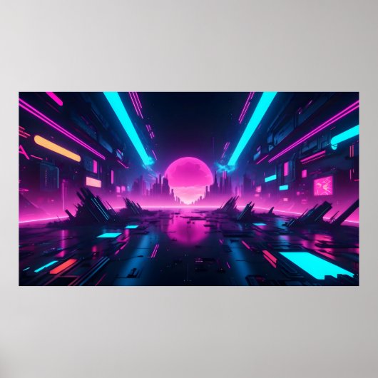 Futuristic Neon Vaporwave City Horizon Synthwave Poster (Voorkant)