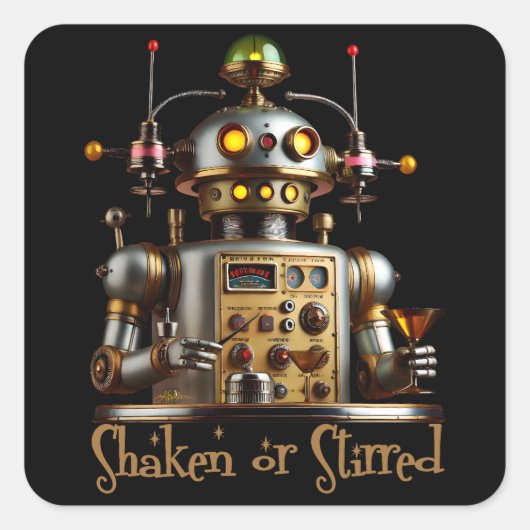 Futuristic Robot Bartender "Shaken or Stirred" Vierkante Sticker (Voorkant)