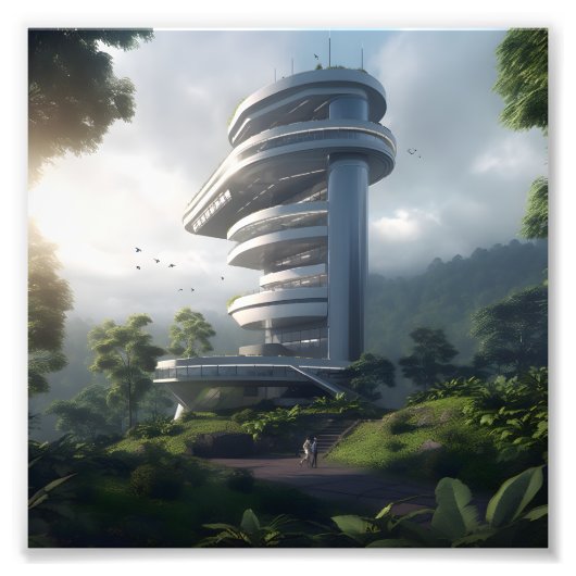 Futuristic skyscraper in the middle of the jungle foto afdruk (Voorkant)