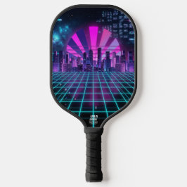 Futuristic Synthwave Cityscape Neon Purple Pickleball Paddle
