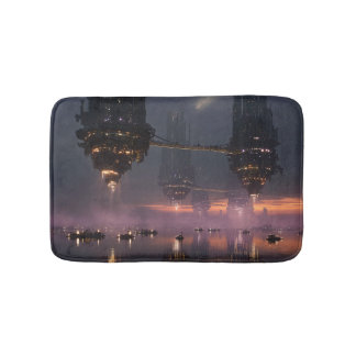 Futuristic towers floating above harbor badmat