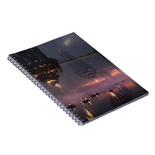Futuristic towers floating above harbor notitieboek (Rechterzijde)