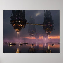 Futuristic towers floating above harbor