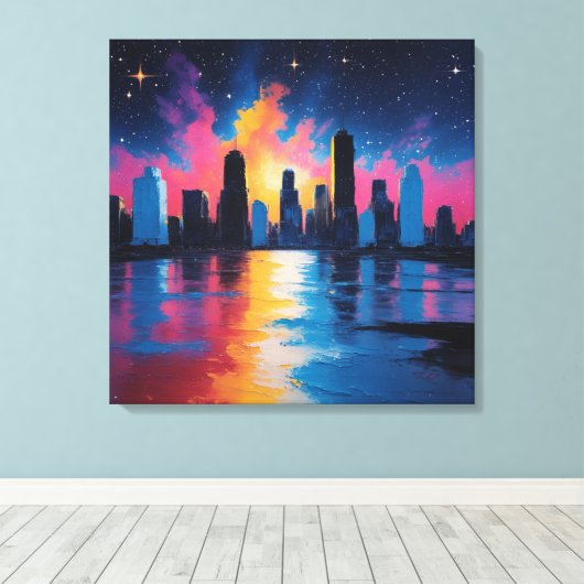 Futuristic Urban Skyline at Sunset Canvas Print  (Insitu (Houten vloer))