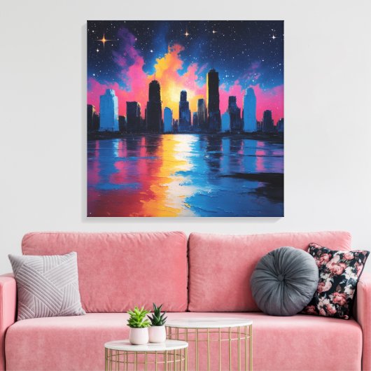 Futuristic Urban Skyline at Sunset Canvas Print  (Insitu (Woonkamer))