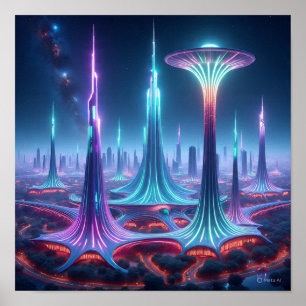 Futuristisch buitenaards stadsbeeld met ruimtehave poster