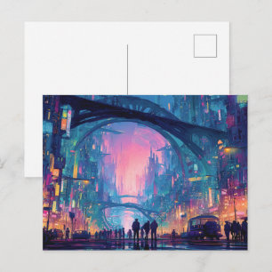 Futuristisch cyberpunk stadslandschap met gloeiend briefkaart