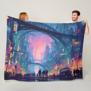 Futuristisch cyberpunk stadslandschap met gloeiend fleece deken