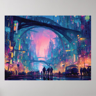 Futuristisch cyberpunk stadslandschap met gloeiend poster