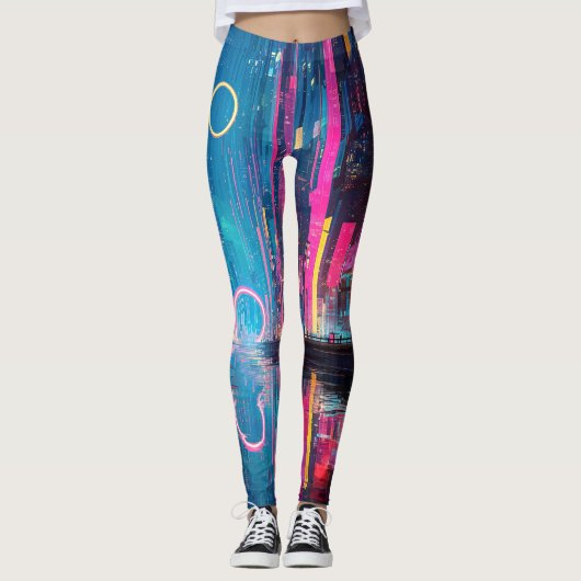 Futuristisch levendig neon nacht stadsgezicht leggings (Voorkant)