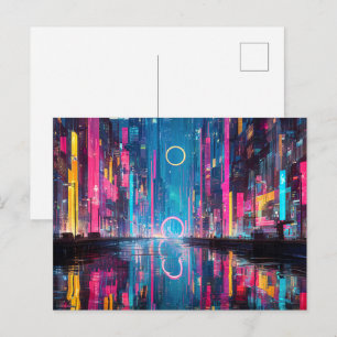 Futuristisch Levendig Neon Nacht Stadssilhouet Briefkaart