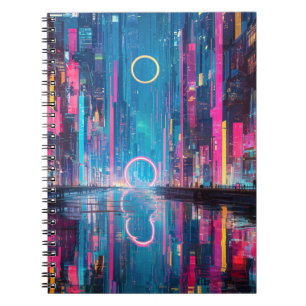 Futuristisch Levendig Neon Nacht Stadssilhouet Notitieboek