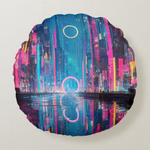 Futuristisch Levendig Neon Nacht Stadssilhouet Rond Kussen