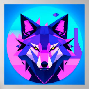 Futuristisch Neon Wolf Gezicht in Geometrische Kun Poster