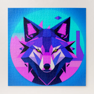 Futuristisch neon wolfengezicht in geometrische ku legpuzzel