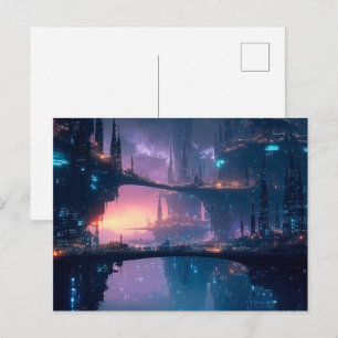 Futuristisch stadslandschap bij schemering briefkaart