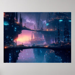Futuristisch stadslandschap bij schemering poster