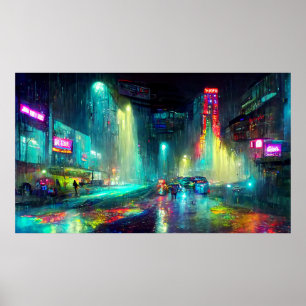 Futuristisch stadslandschap met gebouwen, mensen poster