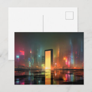 Futuristisch stadslandschap met neonreflecties briefkaart